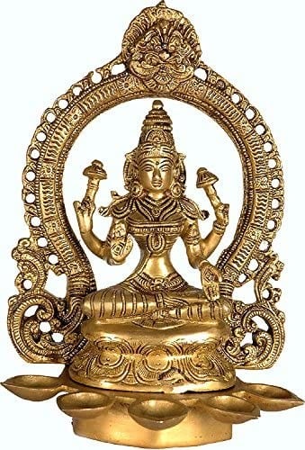 11" Goddess Lakshmi with Five Lamps and Auspicious Kirtimukha (Griffin) on Apex in Brass
