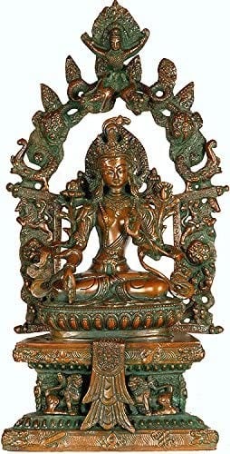 15" Tibetan Buddhist Goddess Green Tara on the Six-Ornament Throne of Enlightenment In Brass | Handmade | Made In India