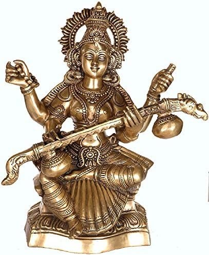 18" Goddess Saraswati In Brass | Handmade | Made In India