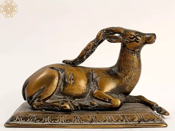 5" Small Decorative Brass Deer Statue Seated on Pedestal