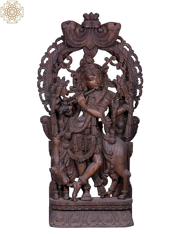 Large wooden Fluting Krishna with Kirtimukha Throne