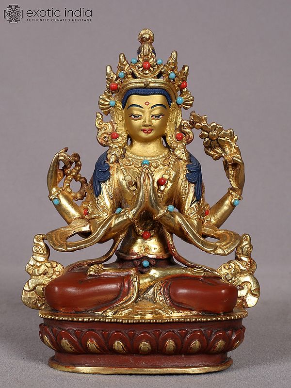 5" Chenrezig (Avalokiteshvara) Sculpture from Nepal | Copper Statue with Gold Plated