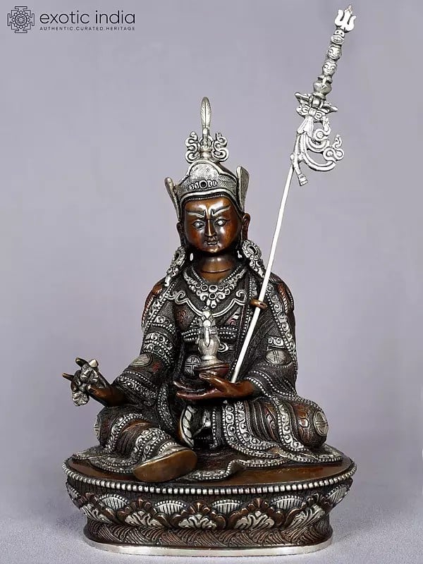 10" Guru Padmasambhava Idol Seated on Pedestal | Copper Statue from Nepal