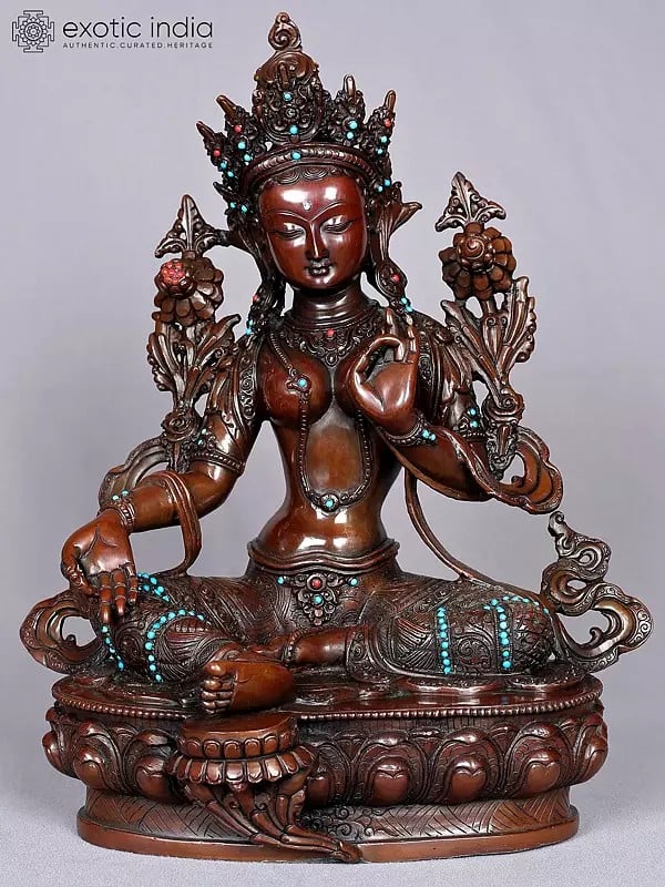 13" Tibetan Buddhist Goddess Green Tara Idol | Nepalese Copper Statue