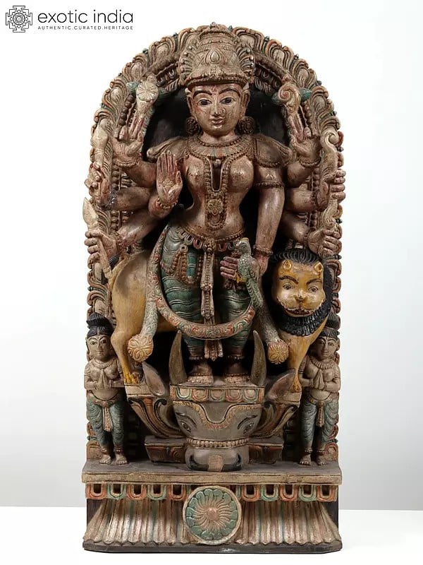 "Mahishasura Vijay Durga" Ashtabhujadharini Goddess Durga Standing Victoriously on the Head of Buffalo Demon | Wood Carved Statue Plus Wall Hanging