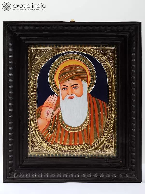 Guru Nanak Sahib Tanjore Painting | Traditional Colors With 24K Gold | Teakwood Frame | Gold & Wood | Handmade | Made In India