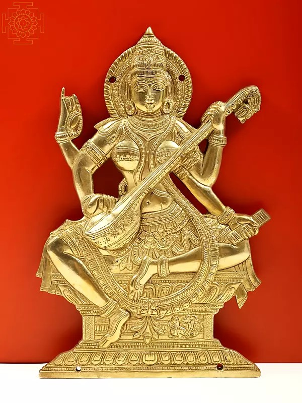 14" Brass Saraswati Wall Hanging Statue – Elegant Goddess Decor for Home & Office