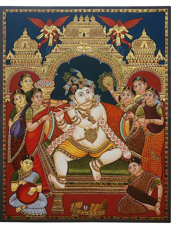 Bal Krishna Playing Flute Tanjore Painting | Without Frame