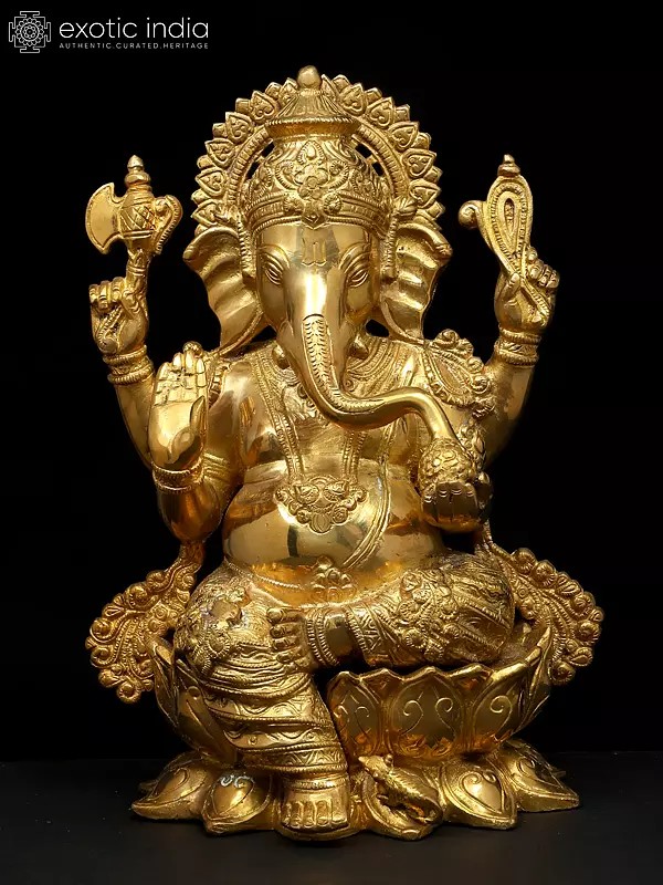 12" Brass Chaturbhuja Ganesha Anugraha-Murti | Handcrafted in India