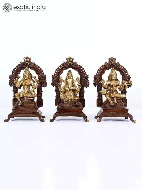 7" Set of 3 Statues - Lakshmi, Ganesha and Saraswati Idol in Brass