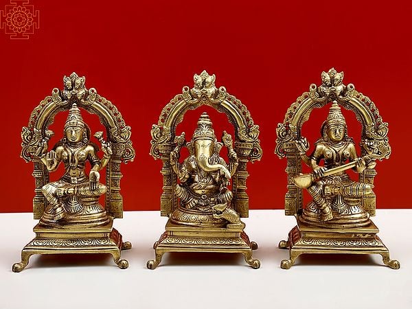 7" Set Three Statues - Lakshmi, Ganesha and Saraswati In Brass