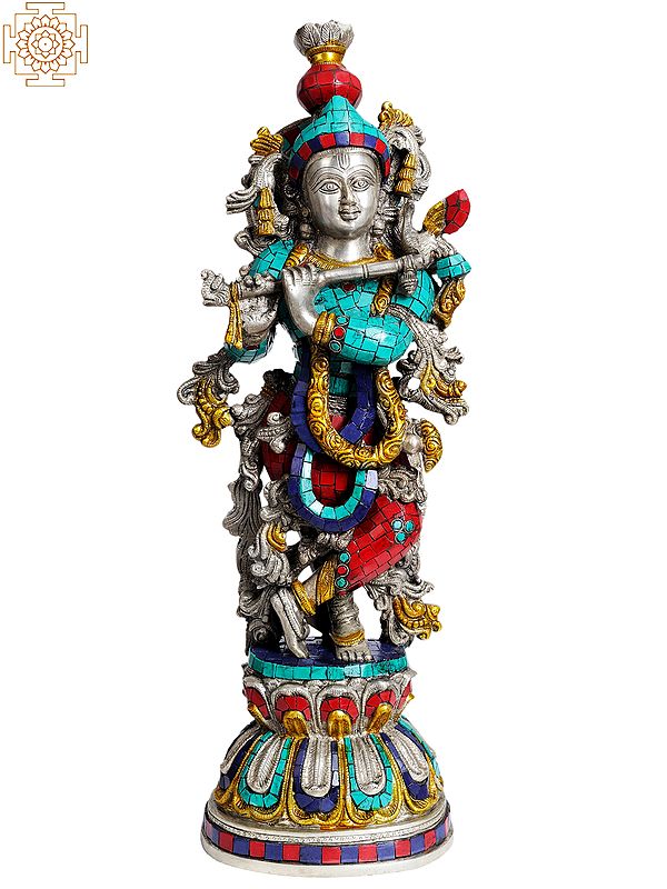 21" Fluting Krishna in Silver Hue In Brass | Handmade | Made In India
