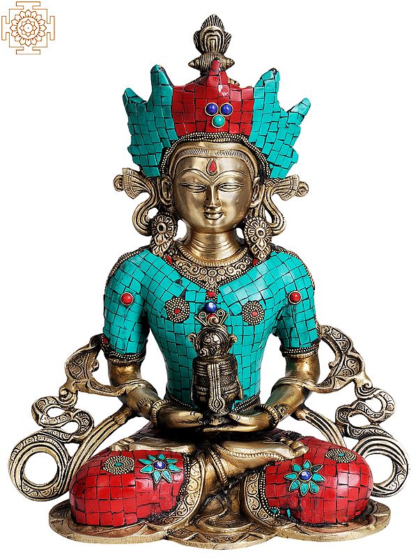 14" Tibetan Buddhist Deity- Amitabha Buddha (with inlay Work) In Brass | Handmade | Made In India