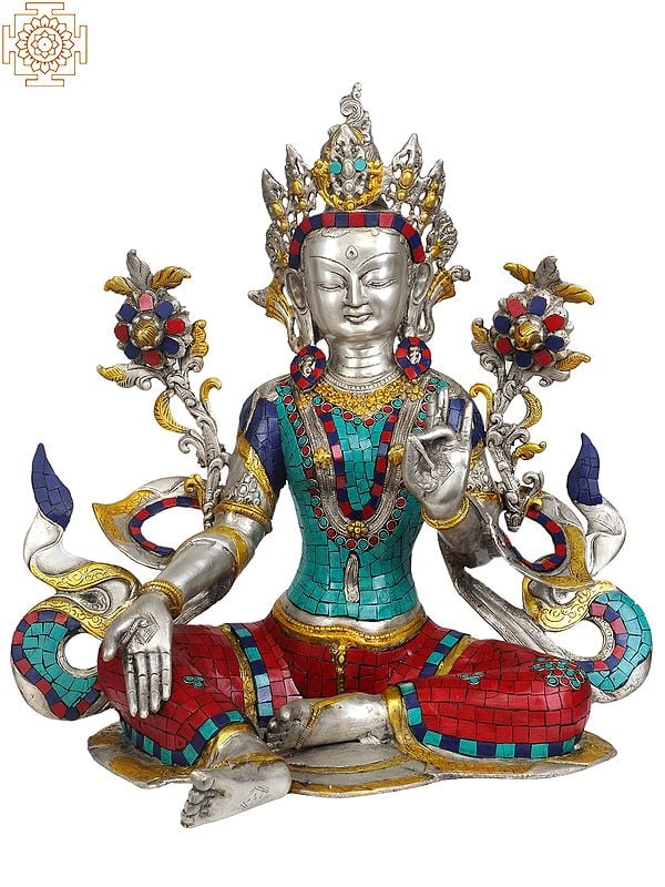 19" Tibetan Buddhist Goddess Green Tara (with Inlay Work) In Brass | Handmade | Made In India