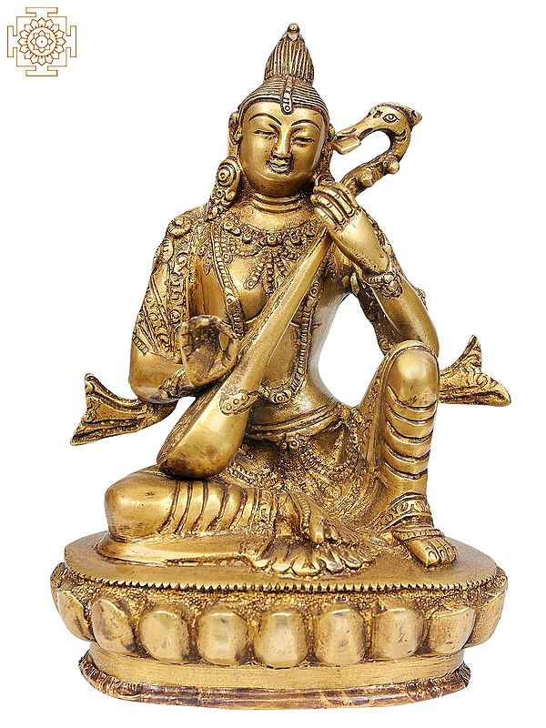 7" Goddess Saraswati in Nepalese Idiom In Brass | Handmade | Made In India