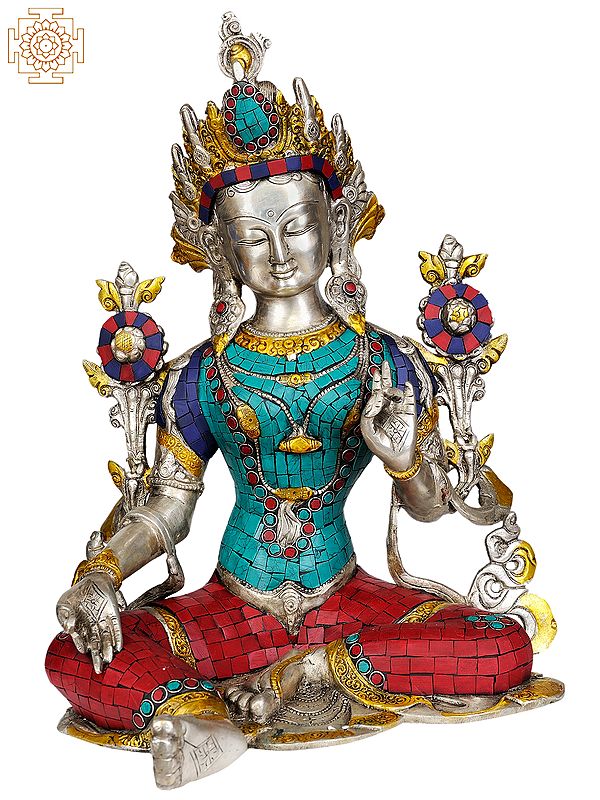 15" Tibetan Buddhist Goddess Green Tara In Brass | Handmade | Made In India