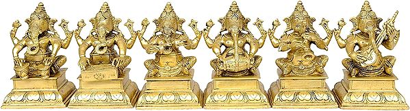 6" Set of Six Musical Ganeshas In Brass | Handmade | Made In India