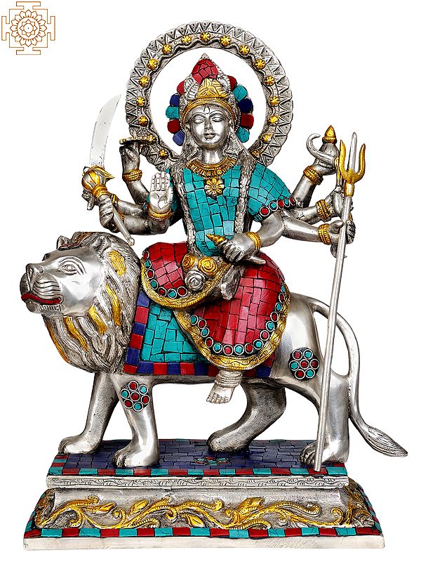 13" Goddess Durga (Inlay Statue) In Brass | Handmade | Made In India
