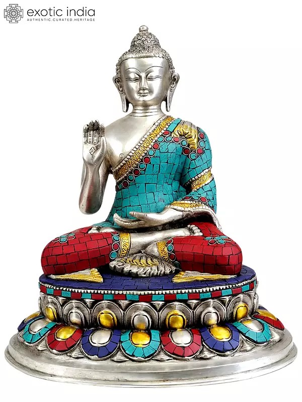 13" Lord Buddha in Abhaya Mudra  (Inlay Statue) In Brass | Handmade | Made In India