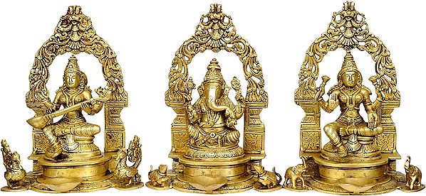 9" Saraswati Ganesha Lakshmi Lamp In Brass | Handmade | Made In India