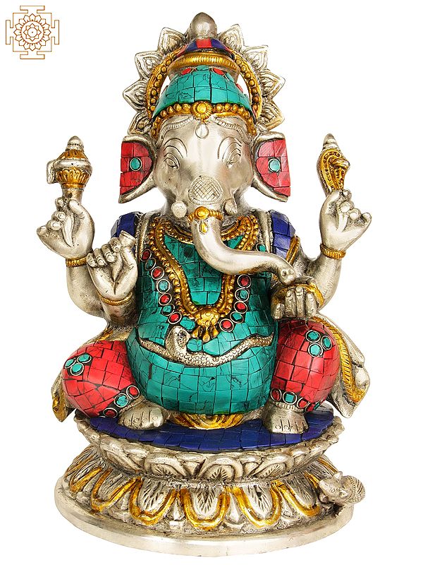 9" Brass Lord Ganesha Idol Granting Abhaya Mudra | Handmade Inlay Statue | Made in India