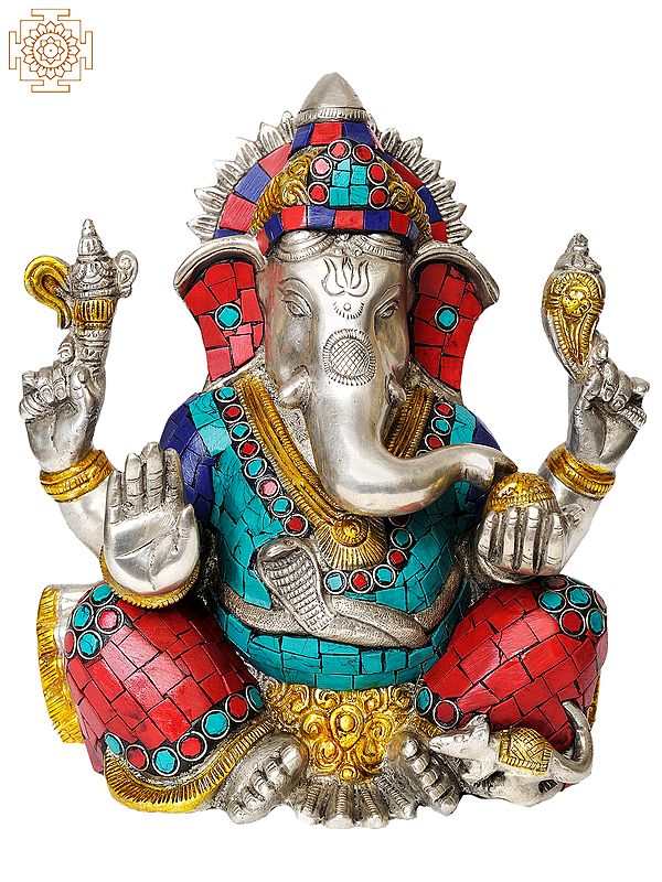 8" Brass Lord Ganesha Idol Seated in Ease Posture | Handmade Inlay Statue | Made in India