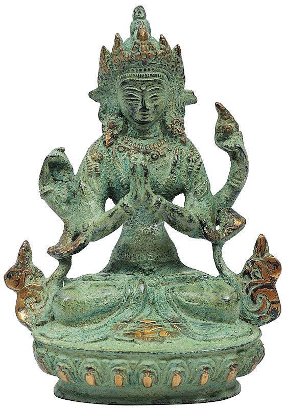 6" Tibetan Buddhist Deity-Chenrezig (Shadakshari Lokeshvara) Brass Statue | Handmade | Made in India