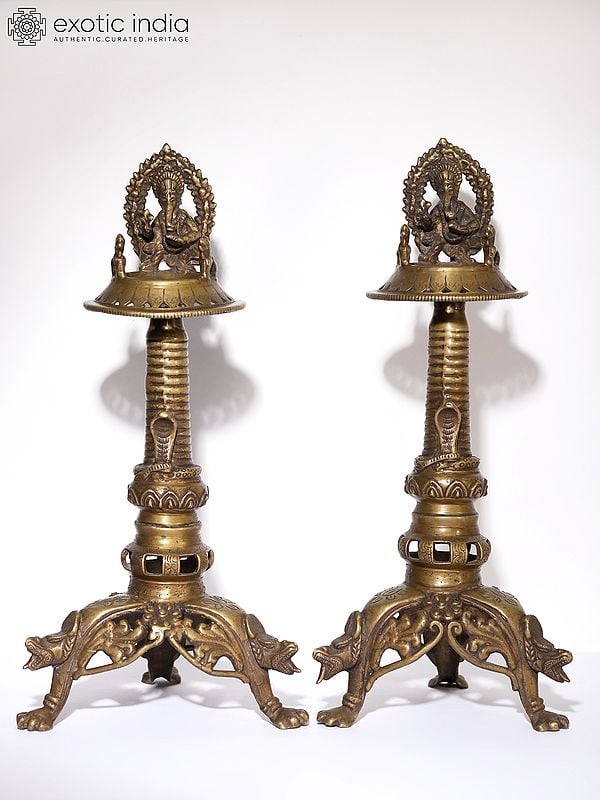 16" Lord Ganesha Butter Lamp Pair In Brass | Handmade | Made In India