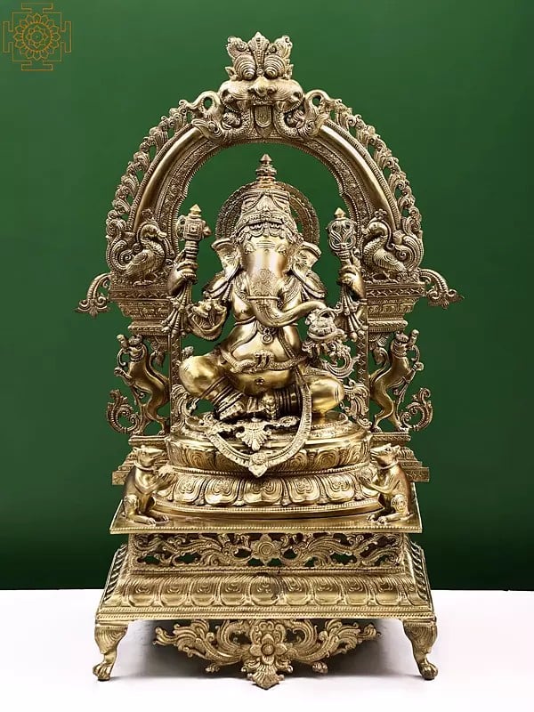 29" The Splendour Of Lord Ganesha, Seated Under A Kirtimukha Aureole | Handmade