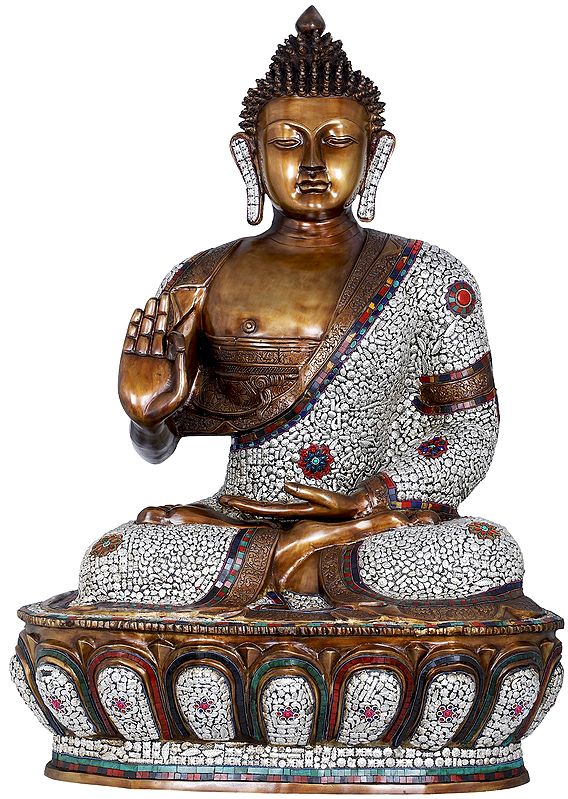 45" Superfine Large Inlay Buddha On Lotus Seat - Tibetan Buddhist In Brass | Handmade | Made In India