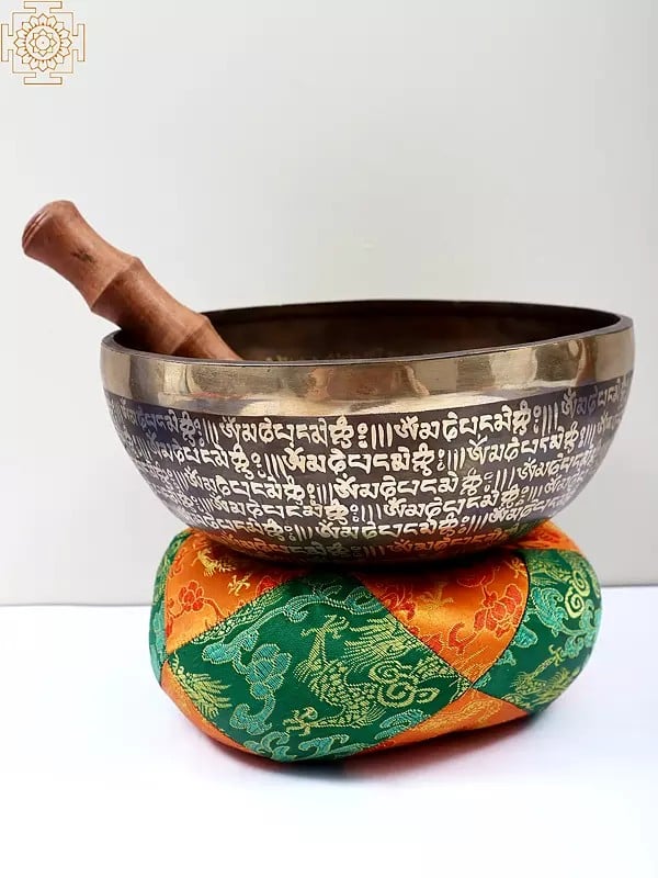 8" Densely Engraved Tibetan Buddhist Singing Bowl with Yin-Yang Carved Inside (Made in Nepal)