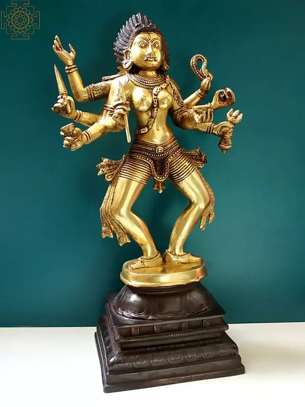 Brass Sculpture of the Hindu Goddess Kali Dancing Wearing a Crown & Garland  of Skulls 23 (#89bs42z): Hindu Gods & Buddha Statues