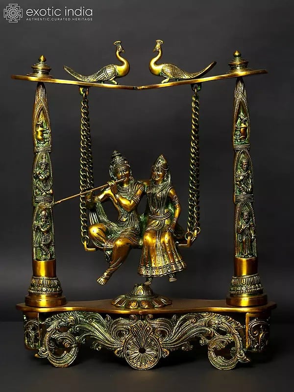 18" Brass Radha Krishna Statue on Peacock Swing | Handmade