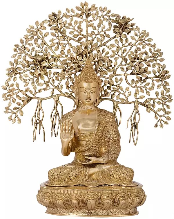 22" Bodhi Tree Buddha, Clad In A Bejewelled Robe - Tibetan Buddhist in Brass | Handmade | Made In India
