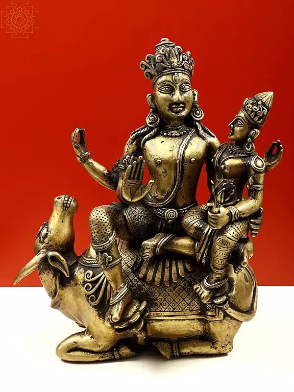 16" Shiva Parvati Seated on Nandi (Dhokra Art) | Handmade | Madhuchista Vidhana (Lost-Wax) | Panchaloha Bronze from Swamimalai