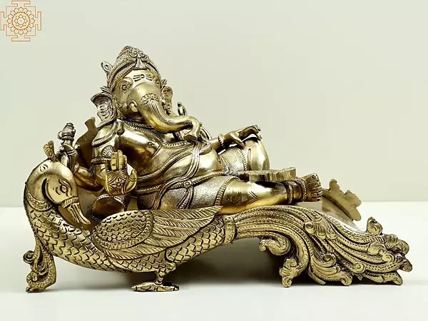 10" Ganesha Relaxing on a Peacock Recliner | Handmade |