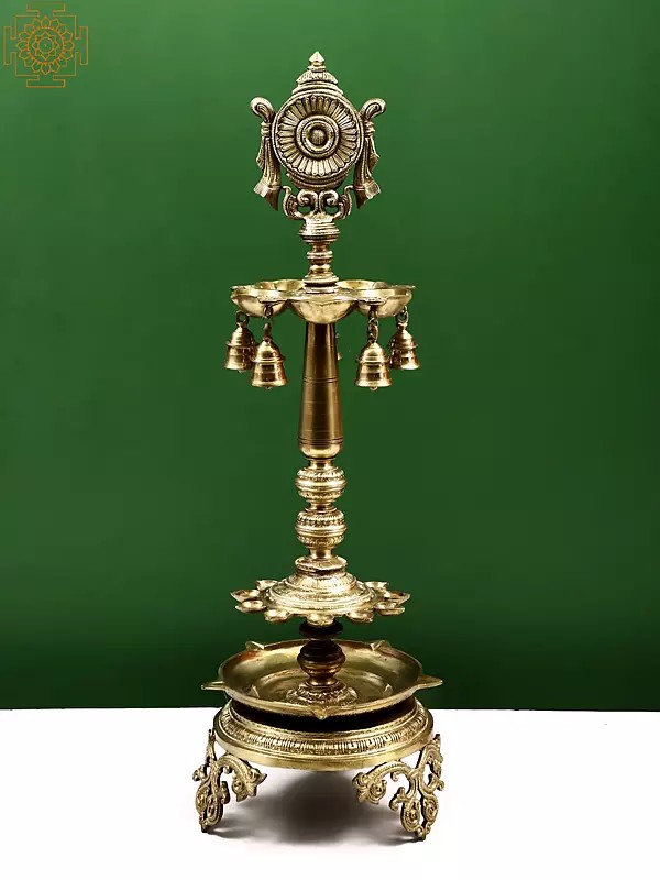 30" Vaishnava Symbol (Chakra) Multi Wick Lamp with Bells - Hoysala Art | Handmade | Made In South India