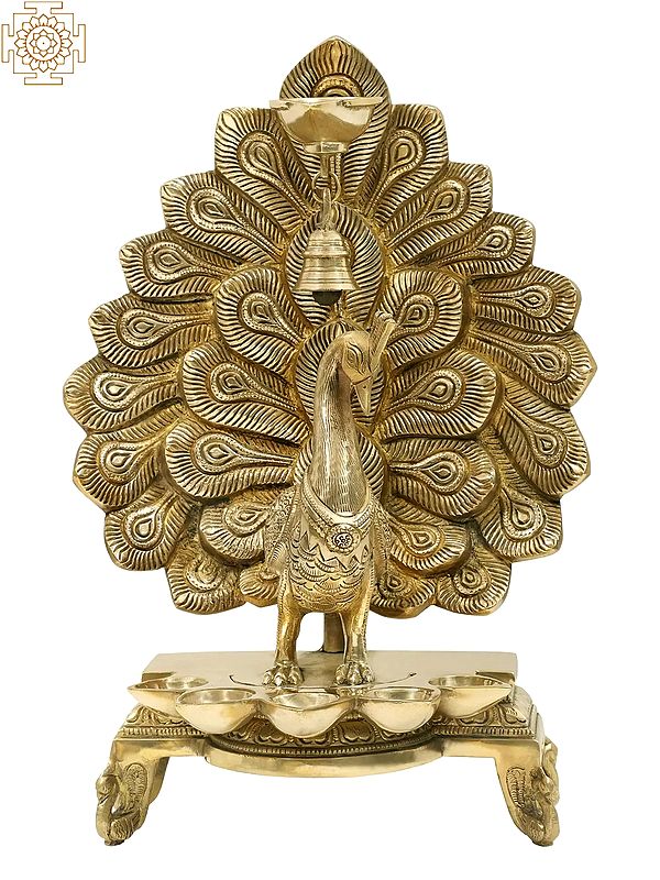 14" Superfine Peacock Six Wicks Oil Lamp with Bell in Brass | Handmade | Made in India