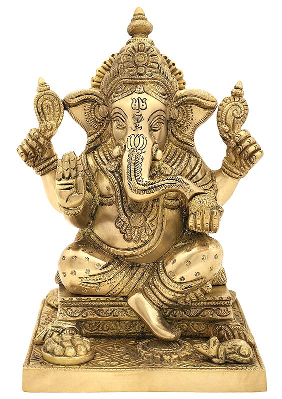 8" Modak Eating Lord Ganesha Seated on a Pedestal In Brass | Handmade | Made In India
