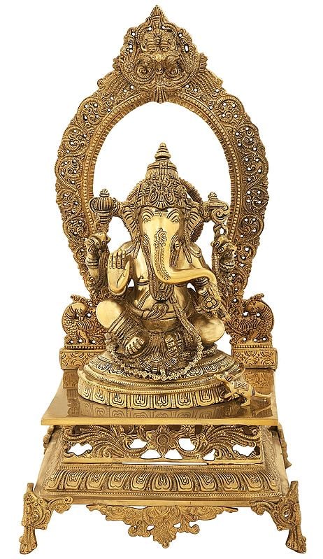 21" Lord Ganesha with a Traditional Prabhavali as the Backdrop In Brass | Handmade | Made In India