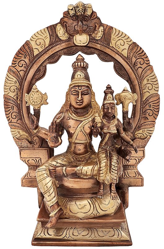 12" Lord Vishnu with Lakshmi Seated On Kirtimukha Prabhawali Throne In Brass | Handmade | Made In India