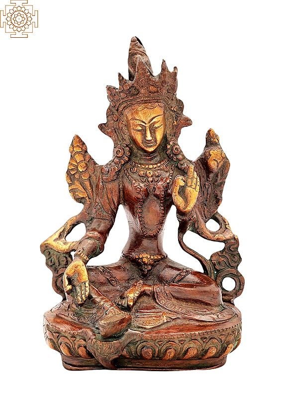 6" Tibetan Buddhist Goddess Green Tara in Brass | Handmade | Made In India