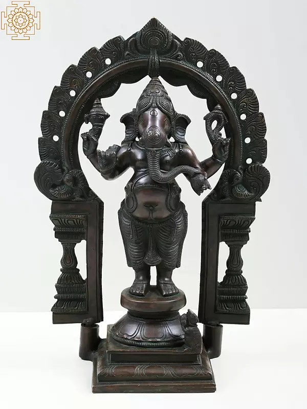 13" Four Armed Standing Ganesha In Brass