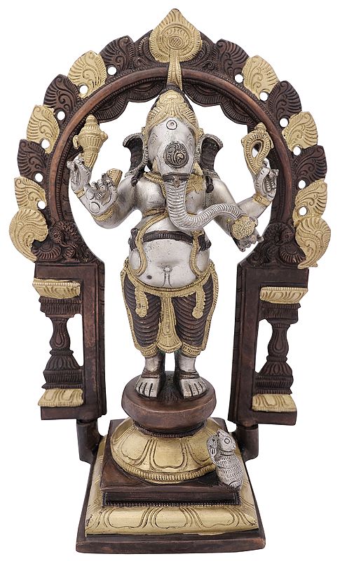 13" Four Armed Standing Ganesha In Brass