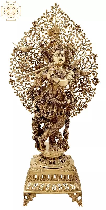 37" Tribhanga Murari Krishna Breathing Life Into A Gorgeous Canopy | Indian Handcrafted Brass Idol
