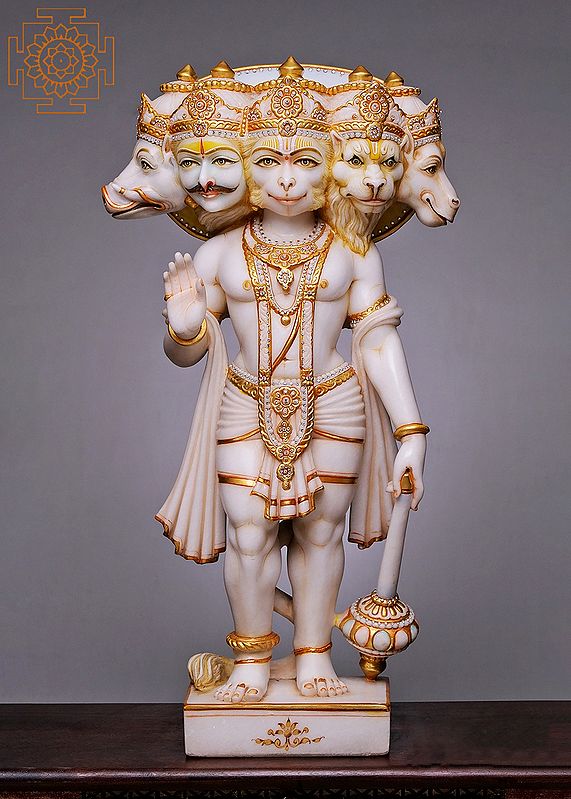 36" Large Panchamukhi Hanuman Statue for Home | Handmade | White Marble Panchmukhi Hanuman Statue