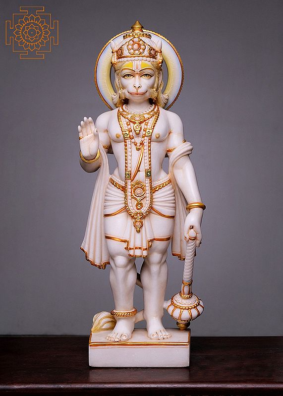30" Standing Blessing Hanuman Statue | Handmade White Marble Idol