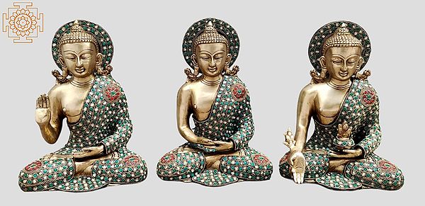 10" Tibetan Buddhist Deities Set of Three Buddhas | Inlay Work | Brass Statue | Handmade | Made In India