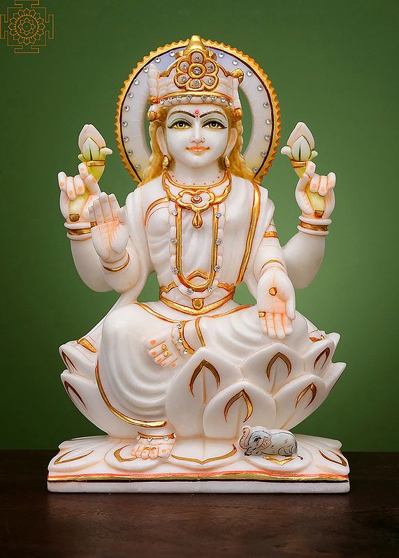 12" Devi Lakshmi Seated on Lotus | Handmade | White Marble Lakshmi Statue | Goddess of Money | Lakshmi For Pooja Room