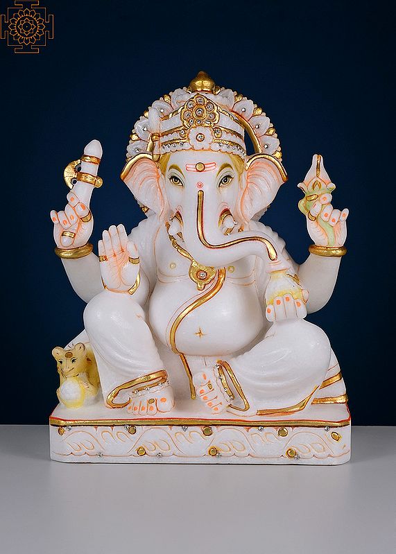 12" Sitting Blessing Ganesha | Handmade | White Marble Ganesha | Ganapati | Vinayaka | Elephant God
